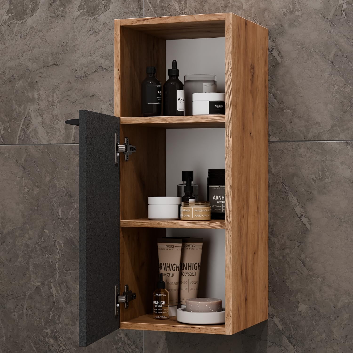 Planetmöbel Astra Ensemble Meuble Salle de Bain avec Meuble sous lavabo 60 cm, 1 Armoire Moyenne chêne doré Anthracite, sans Vasque à Poser