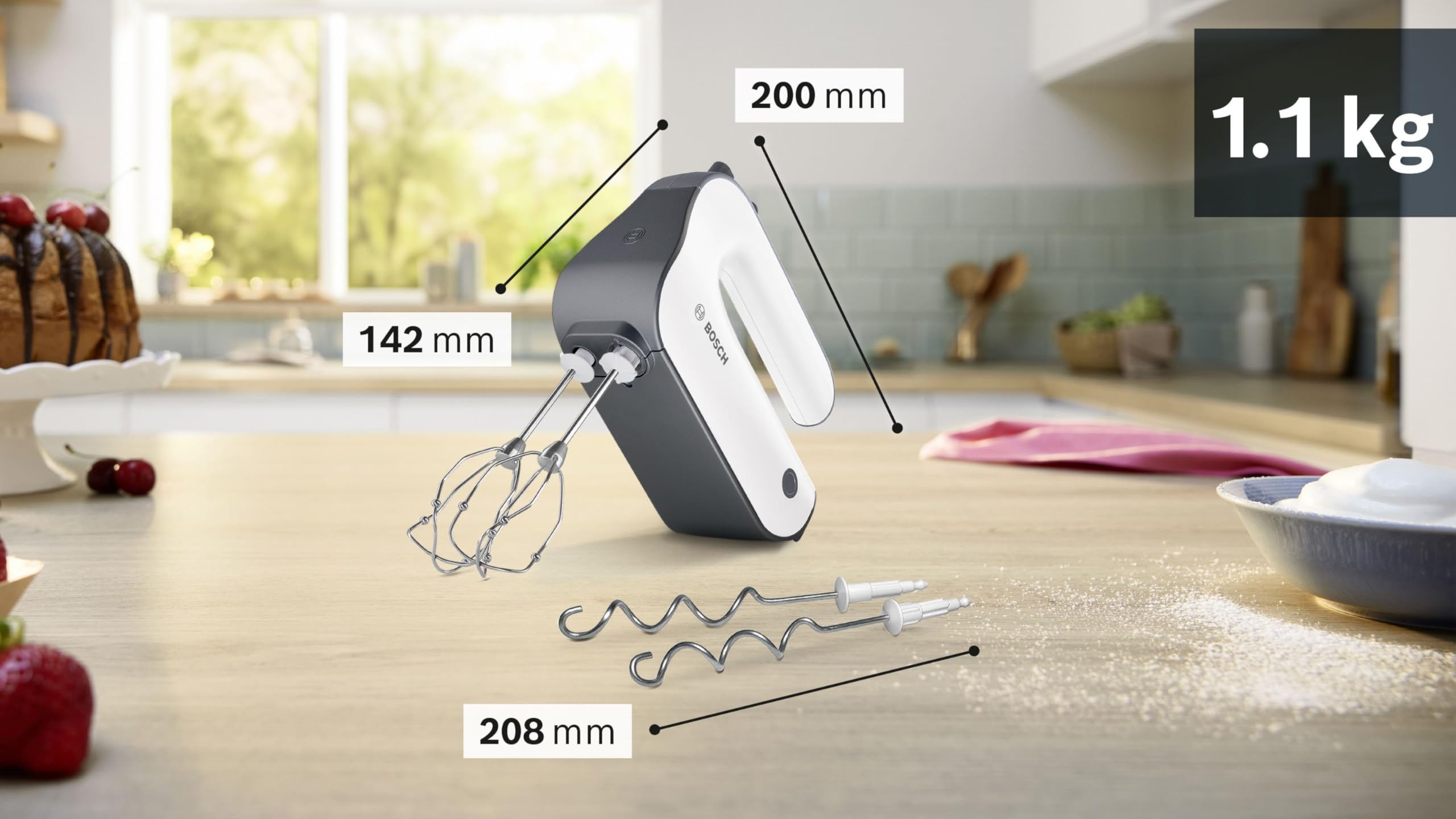 Bosch Handrührer Styline MFQ49300, 5 Stufen, 2 Edelstahl Rührbesen- und Knethaken, Spiralkabel, 850 W, weiß/dark silver