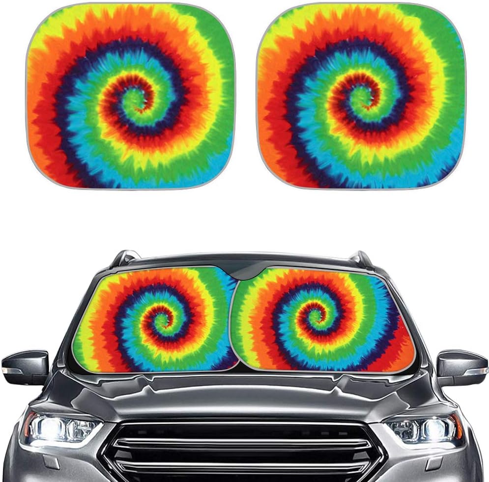 NETILGEN Foldable Sunshade Cover for Car, Rainbow Tie Dye Window Cover for Car Blocks UV Sunlight, Reflector Protector, Universal Fits Folding Accordion Style