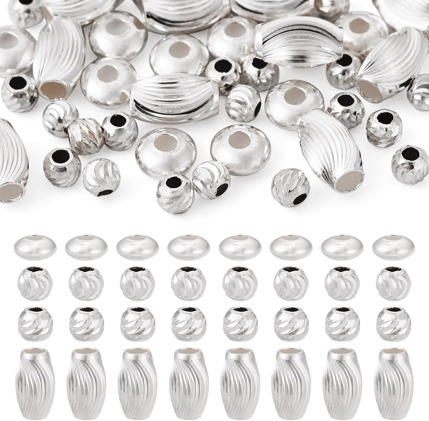 40 Pcs 925 Sterling Silver Corrugated Beads 3-5 mm Round Oval Saucer Spacer Beads Metal Loose Beads Bulk for DIY Necklace Bracelet Earring Crafting Women Key Chain Accessory