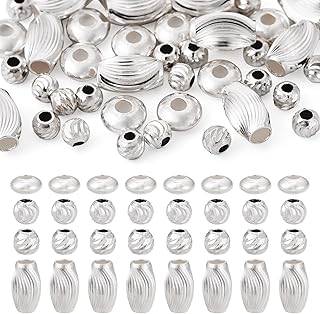 PH PandaHall 40Pcs Sterling Silver Beads for Jewelry Making, Round Oval Tube Loose Beads,