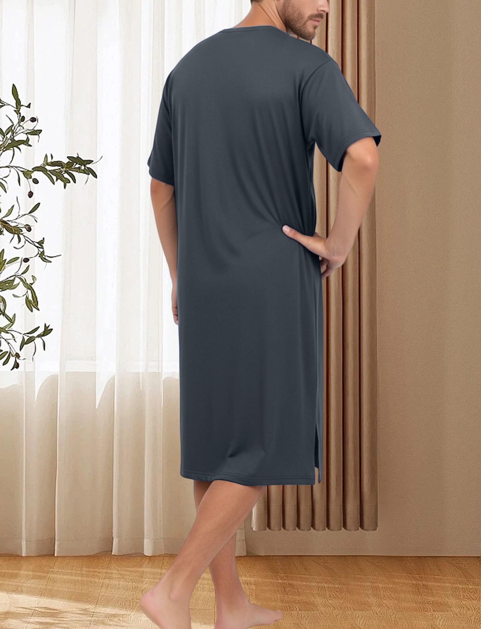 FEOYA Chemise de nuit pour homme à manches courtes et col rond - Longueur genou - Chemise de nuit douce pour homme - Chemise de nuit d'été à manches courtes - Vêtements de nuit amples et respirants