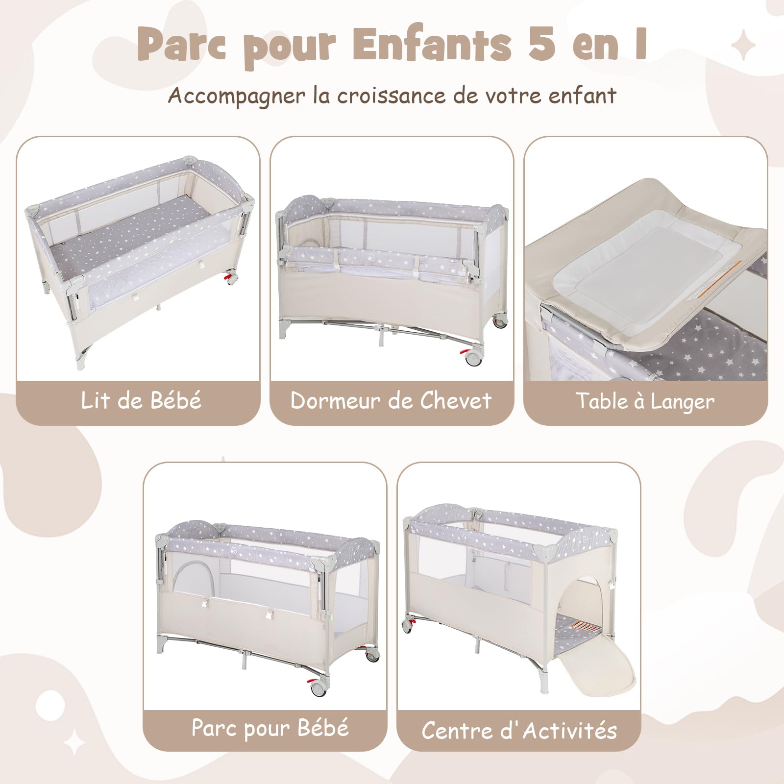 COSTWAY 5 en 1 Lit Parapluie Bébé avec Matelas et Table à Langer Amovible, Lit Bébé Évolutif avec Boîte à Musique et Jouets Suspendus, Hauteur Réglables pour Bébé de 0-3 Ans (Beige)
