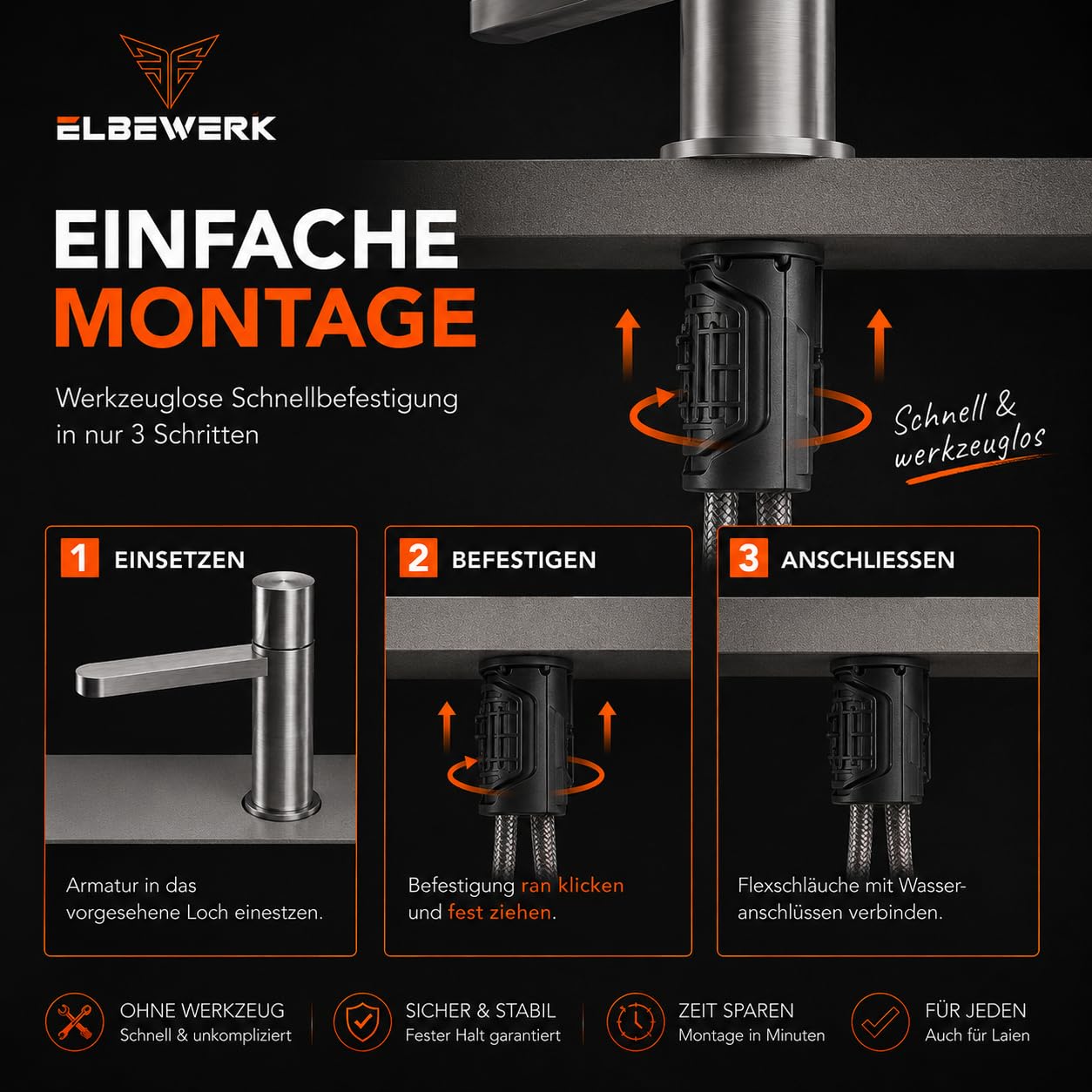 Premium Waschtischarmatur aus Edelstahl 316 gebürstet – Einhebelmischer für Waschbecken, moderne Badarmatur