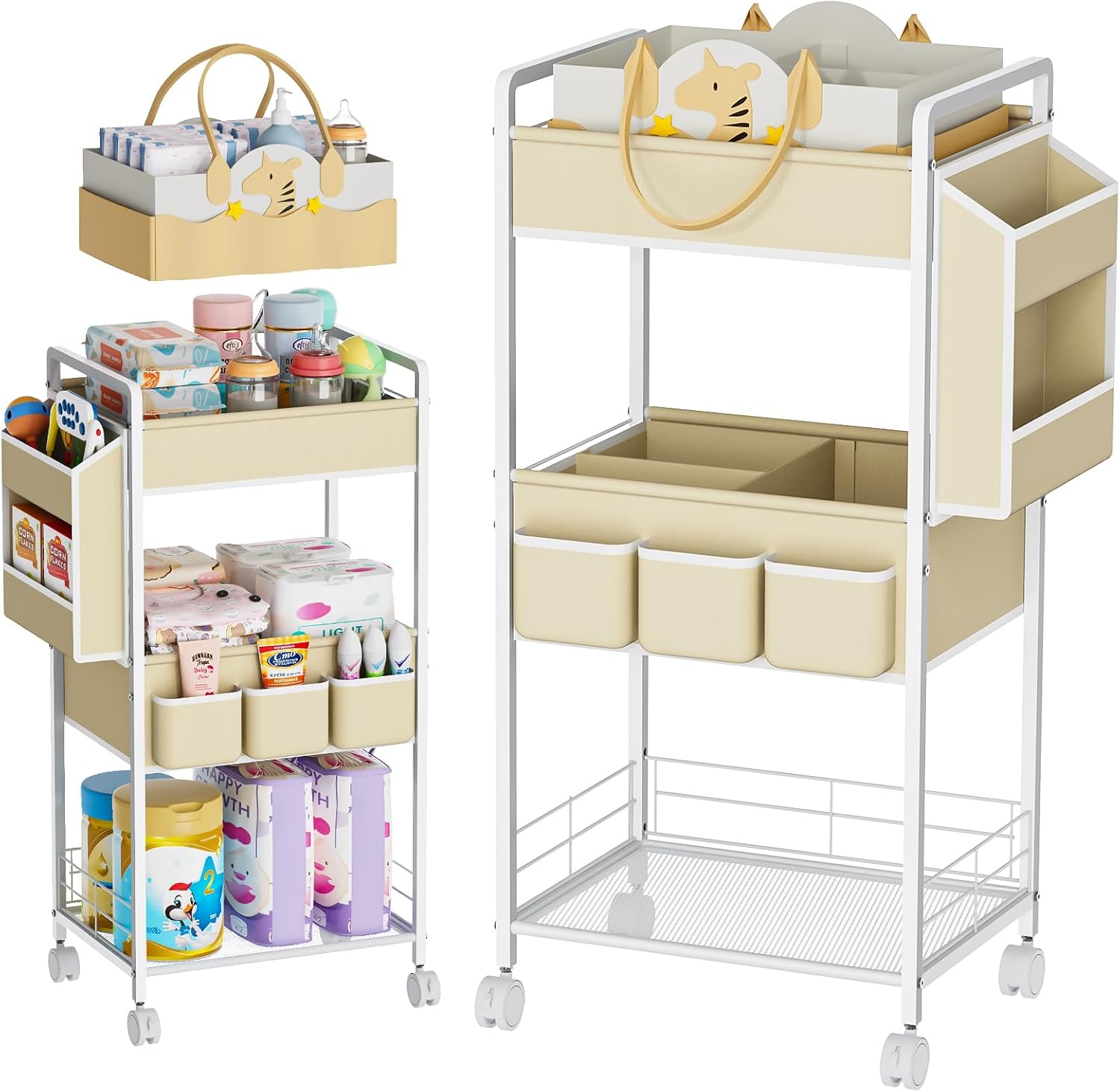 JBBTOOL 2In1 Baby Diaper Caddy & 3-Tier Rolling Diaper Cart, Diaper Caddy Organizer with Dividers & Pockets, Mobile Metal Utility Cart for Baby Essentials, Bedroom, Kitchen & Office