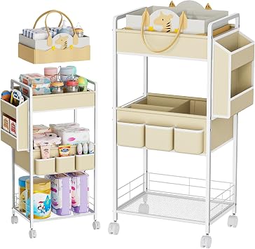 JBBTOOL 2In1 Baby Diaper Caddy & 3-Tier Rolling Diaper Cart, Diaper Caddy Organizer with Dividers & Pockets, Mobile Metal Utility Cart for Baby Essentials, Bedroom, Kitchen & Office