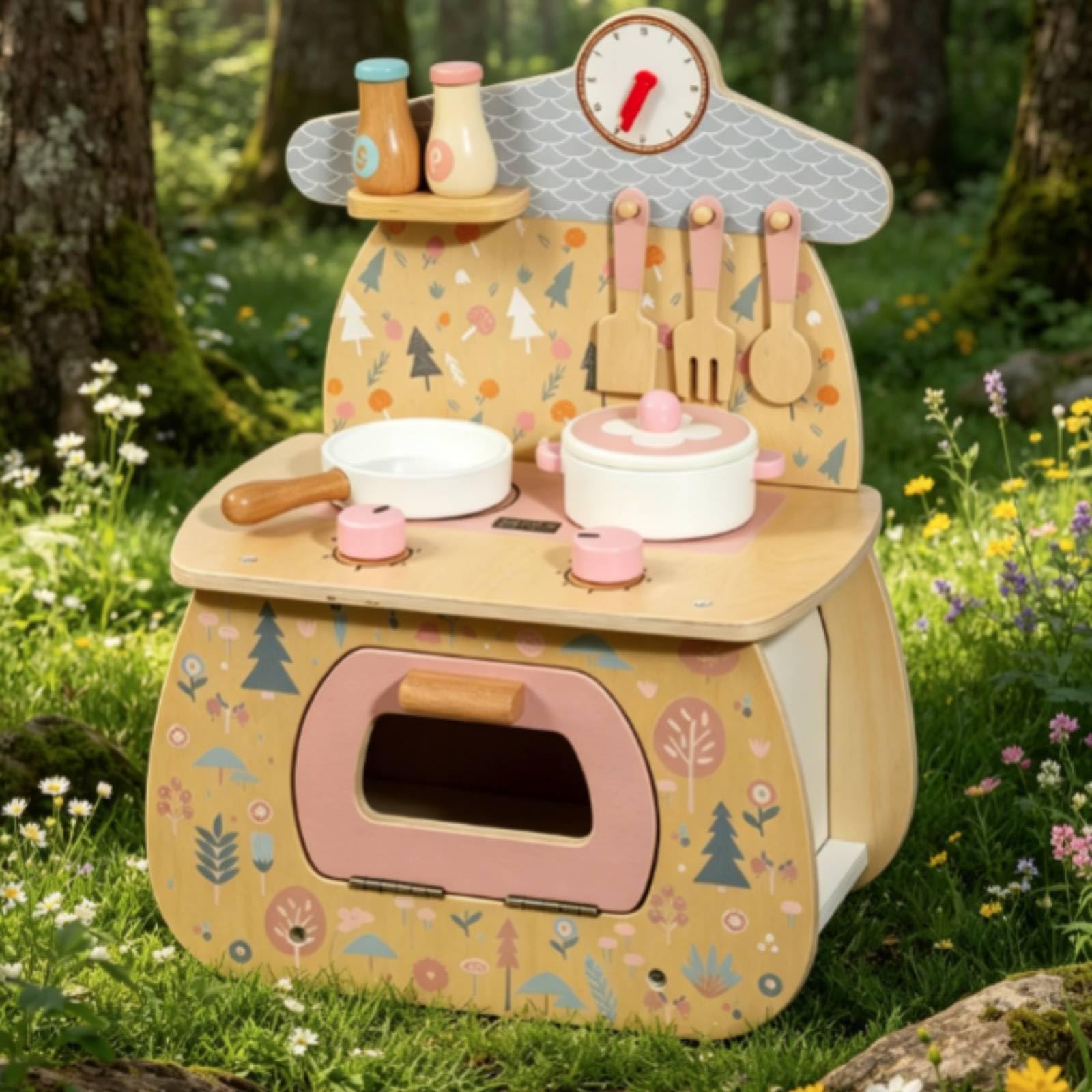 Colcolo Kinderküche Holz Spielküche mit Herd Backofen Kochfeld Pfanne Topf Küchenzubehör mit Knöpfen Und Spritzschutz aus Holz für Kleinkinder Spielzimmer Tagespflege