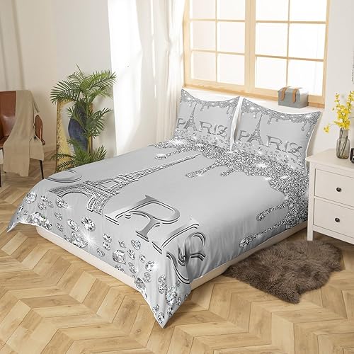 Miniatura 9 de Erosebridal Juego de funda de edredón femenina de la Torre Eiffel tamaño King, juego de ropa de cama de París con purpurina para mujer, funda de