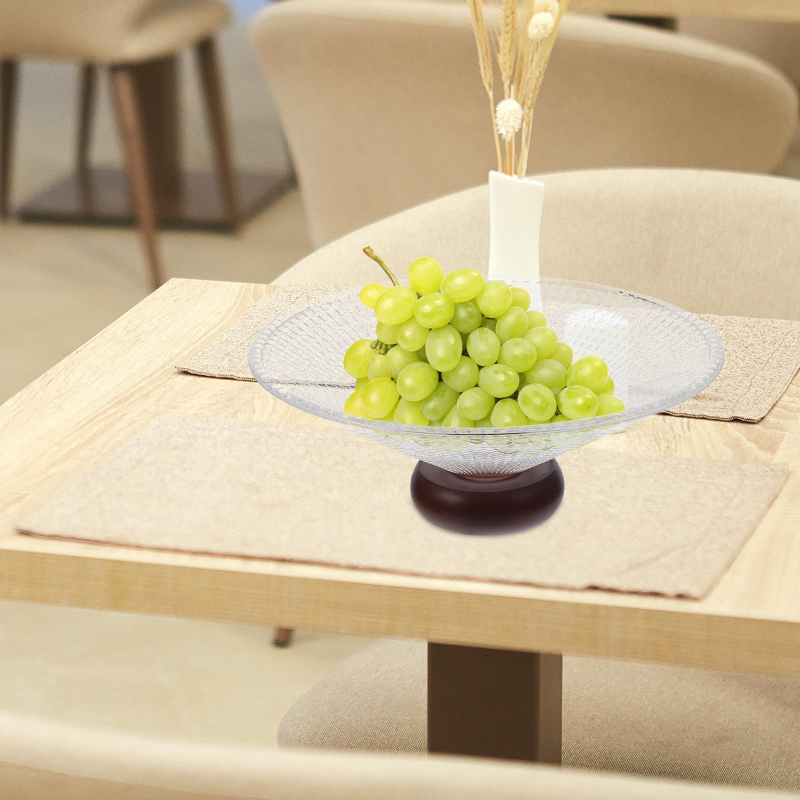 Tazón de Vidrio Grande con Base de Madera de Caucho, Cuenco para Servir Frutas con Alta Fiabilidad y Diseño Delicado para Casa y Recepción