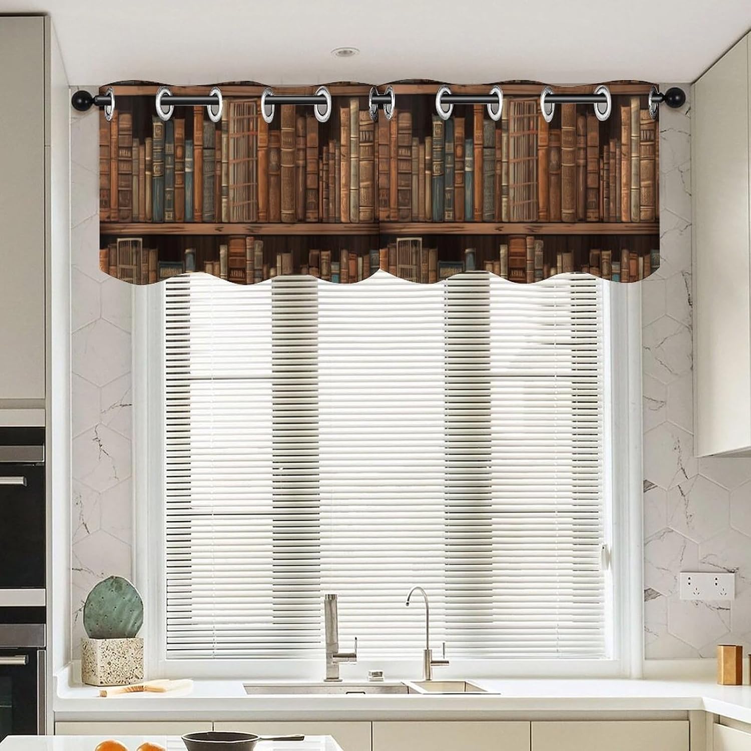 Library Bookshelf Book Valance for Windows, 2 Pack Kitchen Curtains Modern Home Decor, Soft Blackout Window Curtains for Living Room & Bedroom, 18 X 52 Inch