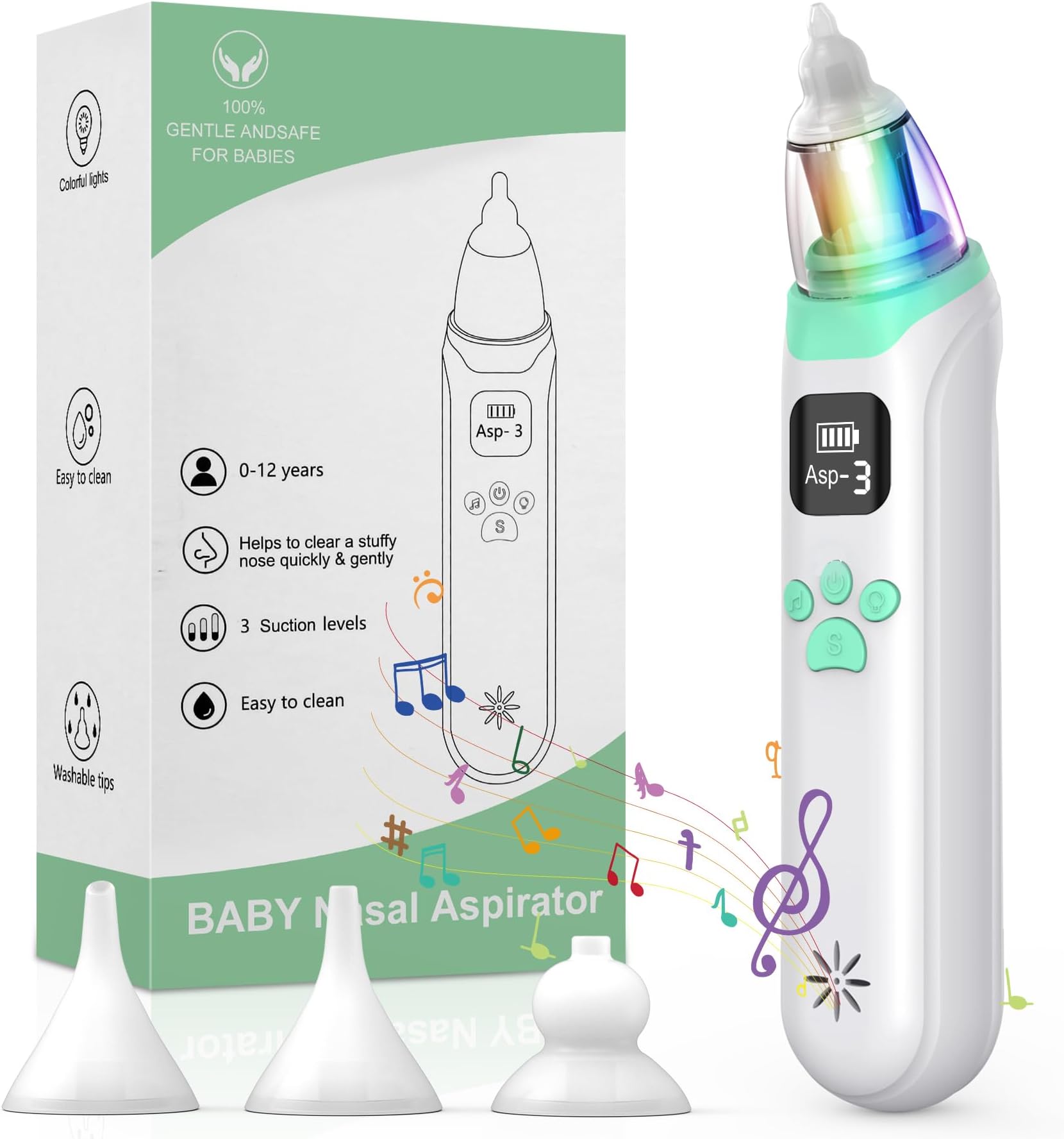 DIHOOM Nasal Aspirator Baby, Baby Nose Suckers, Electric Snot Sucker with 3 Silicone Tips and 3 Levels, Anti-Backflow Nose Cleaner for Newborn, Toddlers, Soothing Function with Music and Light