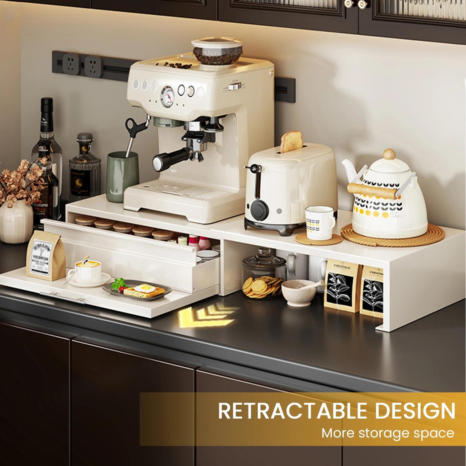 Kaffeekapselhalter Mit Schubladen Und Seitlichem Ablagefach – Ausziehbarer Organizer Für Die Kaffeestation, Aufbewahrungsbox Für Tassen, Ständer Für Die Kaffeemaschine(Black-A)