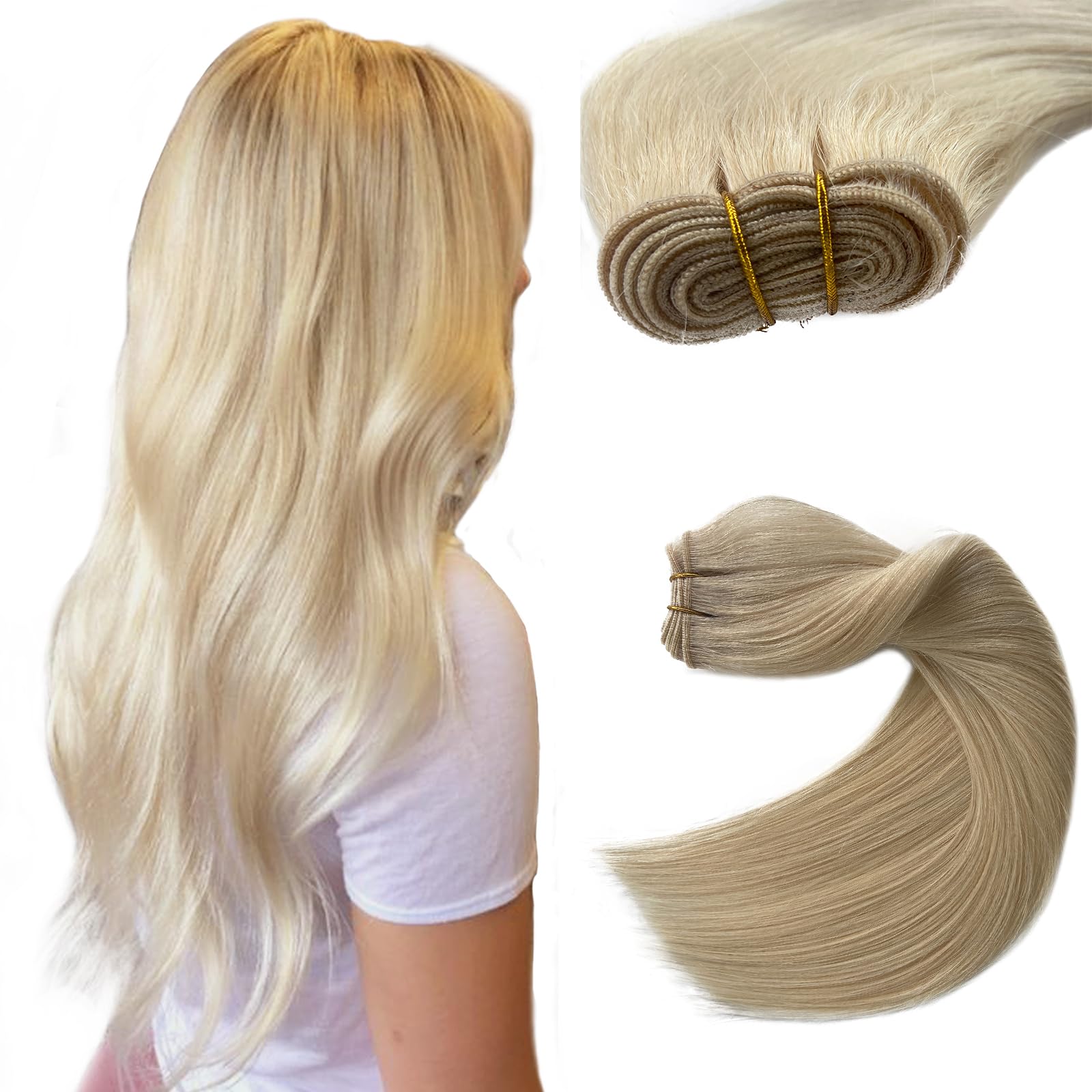 Sew in Hair Extensions Real Human Hair, 20 Inch 100G Weft Hair Extensions Human Hair Bundles Platinum Blonde Hand Tied Weft Hair Extensions Human Hair