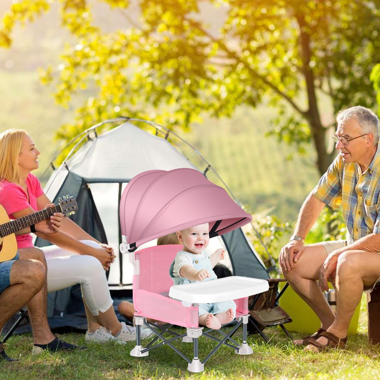 Chaise Portable Pour Bébé Repas Siège De Enfant Avec Plateau Repas | Chaise Pliante avec Toile Anti-UV pour Maison Plage Camping Pique-nique