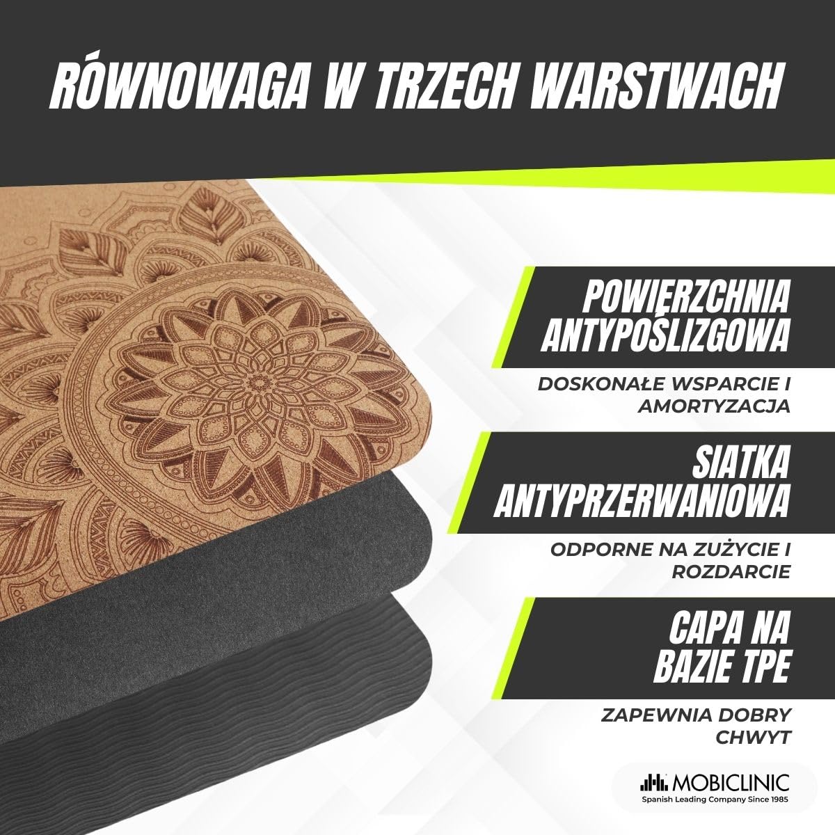 Mobiclinic®, Mata do jogi z naturalnego korka, Antypoślizgowa, Torba transportowa, Antybakteryjna, Grubość 4 mm, Tpe w 100% recyklingu, 183x61cm, Wzór mandali, Ey-02, Joga, Pilates, Fitness