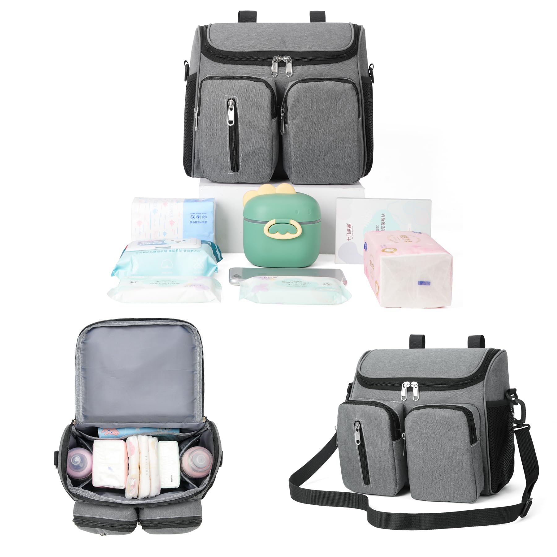 Organiseur de Poussette pour Bébé,Sac Multifonctionnel Pour Landau,Bandoulière Réglable,Grande Capacité Pour Les Essentiels de Bébé,Utilisé Comme Sac à Main Bandoulière(2411-Noir)