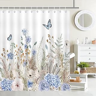 Mocsicka Boho Floral Shower Curtain Blue Floral Boho Leaves Pampas Grass Bathroom Shower Curtain Waterproof Fabric Shower Curtain Bathtub Decor with 12 Hooks 72 X 72 Inches - Buy now