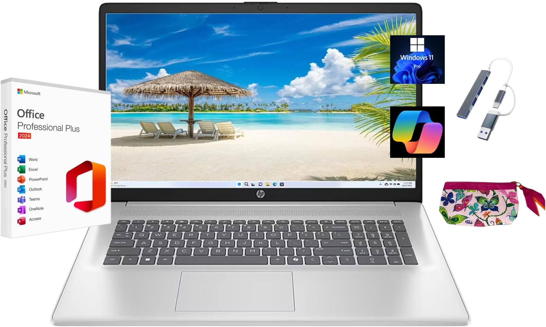 HP 2025 17.3" HD+ Laptop, with Free Lifetime Microsoft Office 2024, Intel Core i3-N305, 32GB RAM, 2TB SSD, Intel UHD Graphics, Windows 11 Pro, Natural Silver, Wi-Fi 6, Copilot, with USB Hub & Pouch