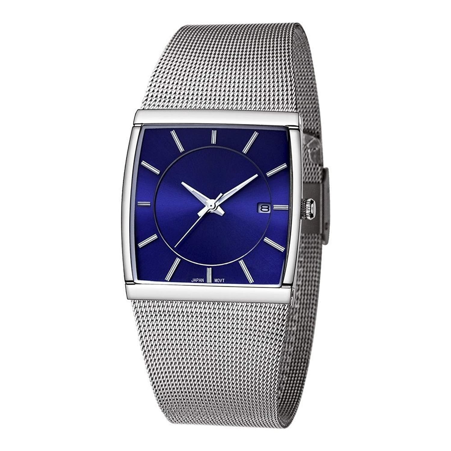 Einfache rechteckige Analoguhr für Herren, ultradünnes Edelstahl-Mesh-Armband, minimalistischer Stil, Armbanduhr, Geschenkbox