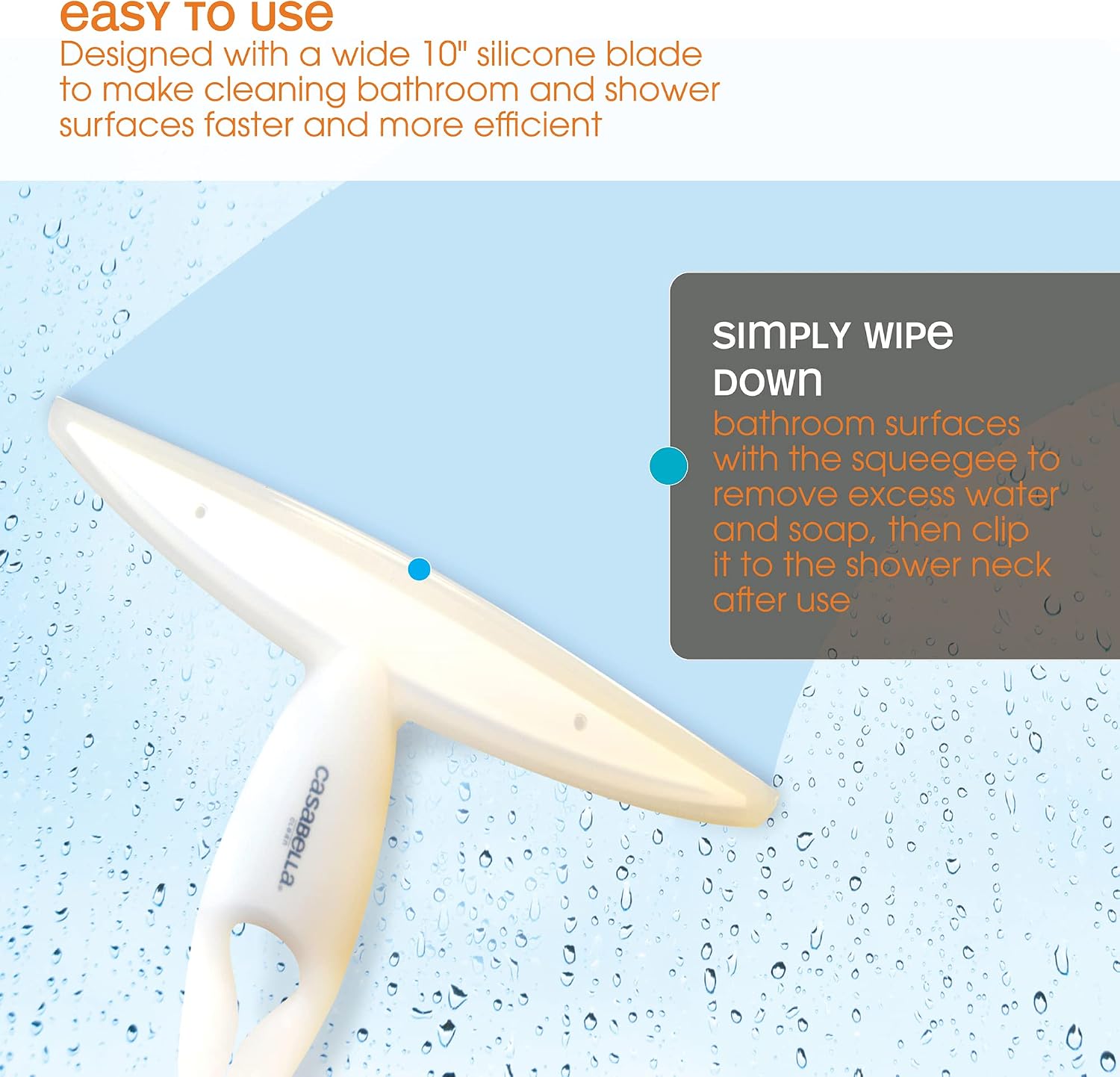 Casabella, White 44037 Clip on Silicone Squeegee, 10-1/8" x 1-1/4" x 6-3/4" h