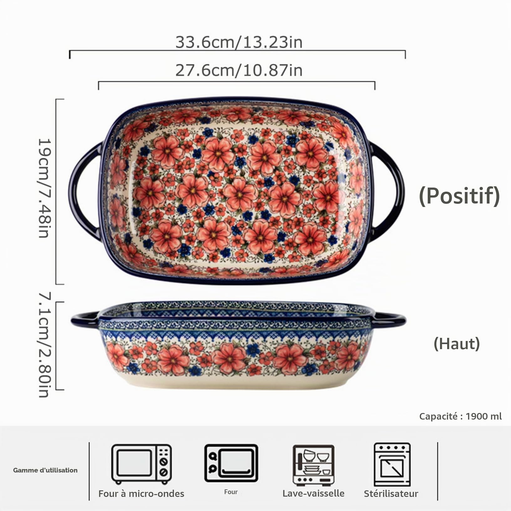 Plat de cuisson en céramique de 2 litres, plat à lasagnes rectangulaire de 33,2 x 19,1 cm, avec poignées, 7,1 cm de profondeur pour cuisine, four, dîner et banquet