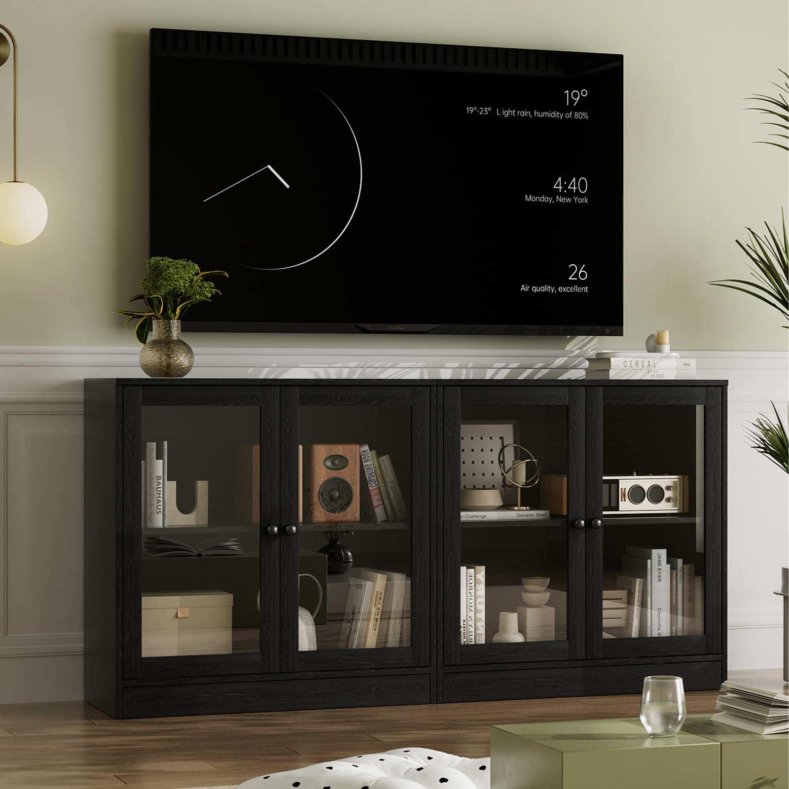 VOWNER Grand Meuble TV Bibliothèque pour Télé jusqu'à 70", 280x180.3x40cm Meuble TV Suspendu avec Portes en Verre et Étagères, Meuble Télé Bois pour Salon, 2B+2D (Noir)