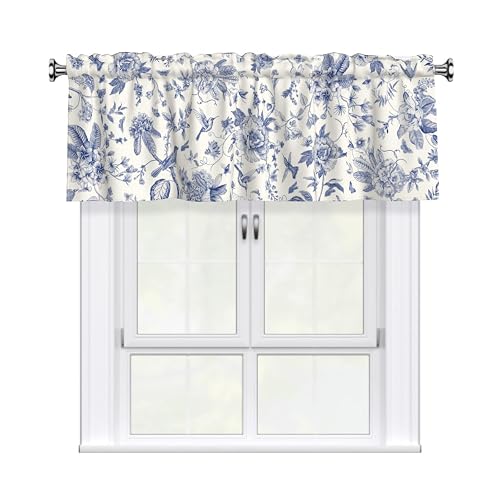 Chinoiserie Flowers Curtain Valance Blue Leaves Rod Pocket Window Treatment