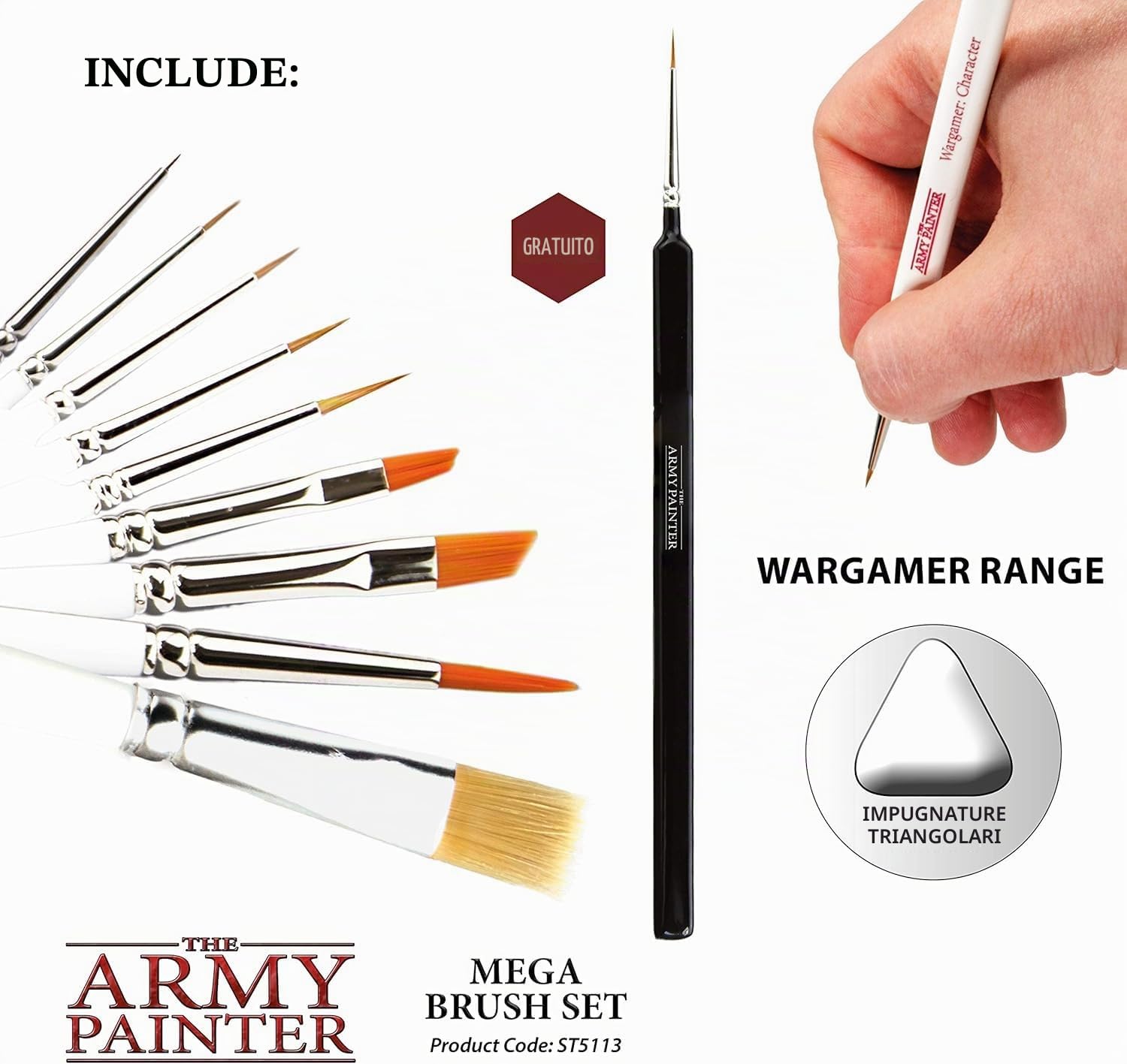 The Army Painter | Mega Brush Set | 10 pennelli in setole sintetiche e zibellino | Pennello Kolinsky Gratis | Accessori per pittura di miniature