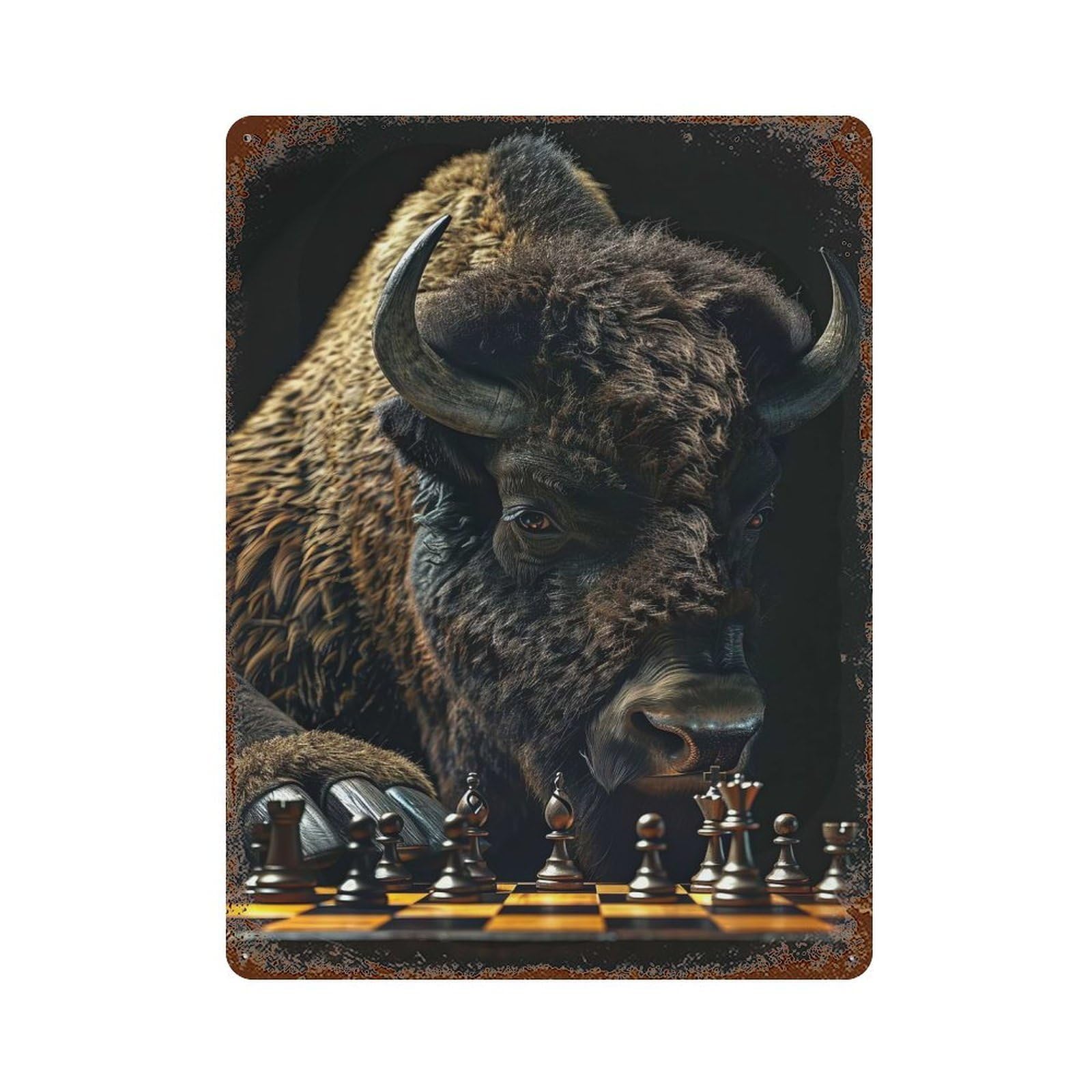 Bison Chess 15.7"x11.8" Vintage Rust Metal Sign, Shabby Chic Decor for Garage, Bar And Workshop Decor