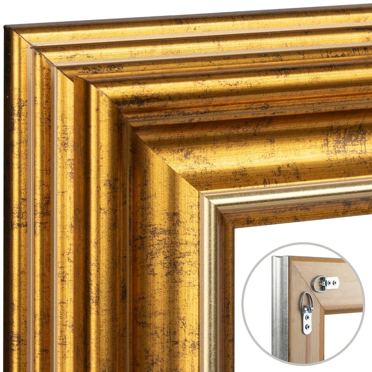 CLAMARO "GENUA" ramka na zdjęcia w stylu antycznym (DIN A4), 21 x 29,7 cm, lite drewno, złota, szerokość 76 mm, shabby chic, vintage, barokowa listwa, drewniana rama w zestawie szkło akrylowe, tylna