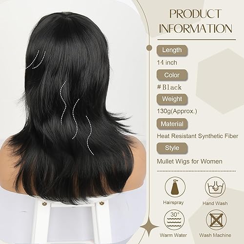 Miniatura 5 de CINHOO Peluca corta de los años 70 y 80, peluca de corte Pixie para mujeres negras, peluca de corte de pelo de lobo negro en capas con flequillo,