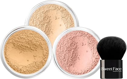 4pc (WARM Neutral Shade-Most Popular) KIT w/KABUKI BRUSH Mineral Makeup Matte Loose Powder Foundation Concealer Blush Long Lasting Bare Face Cosmetics