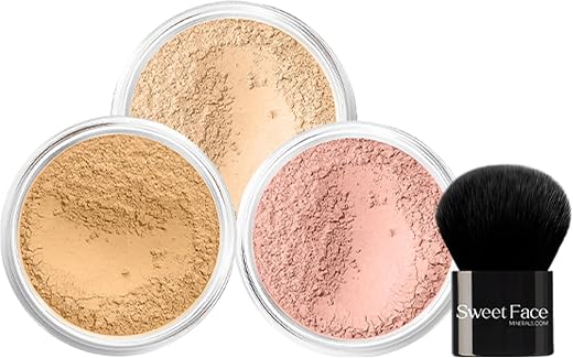 4 Pc KIT w/KABUKI (WARM Neutral Shade- Most Popular) Mineral Makeup Set Bare Skin Sheer Powder Foundation Cover