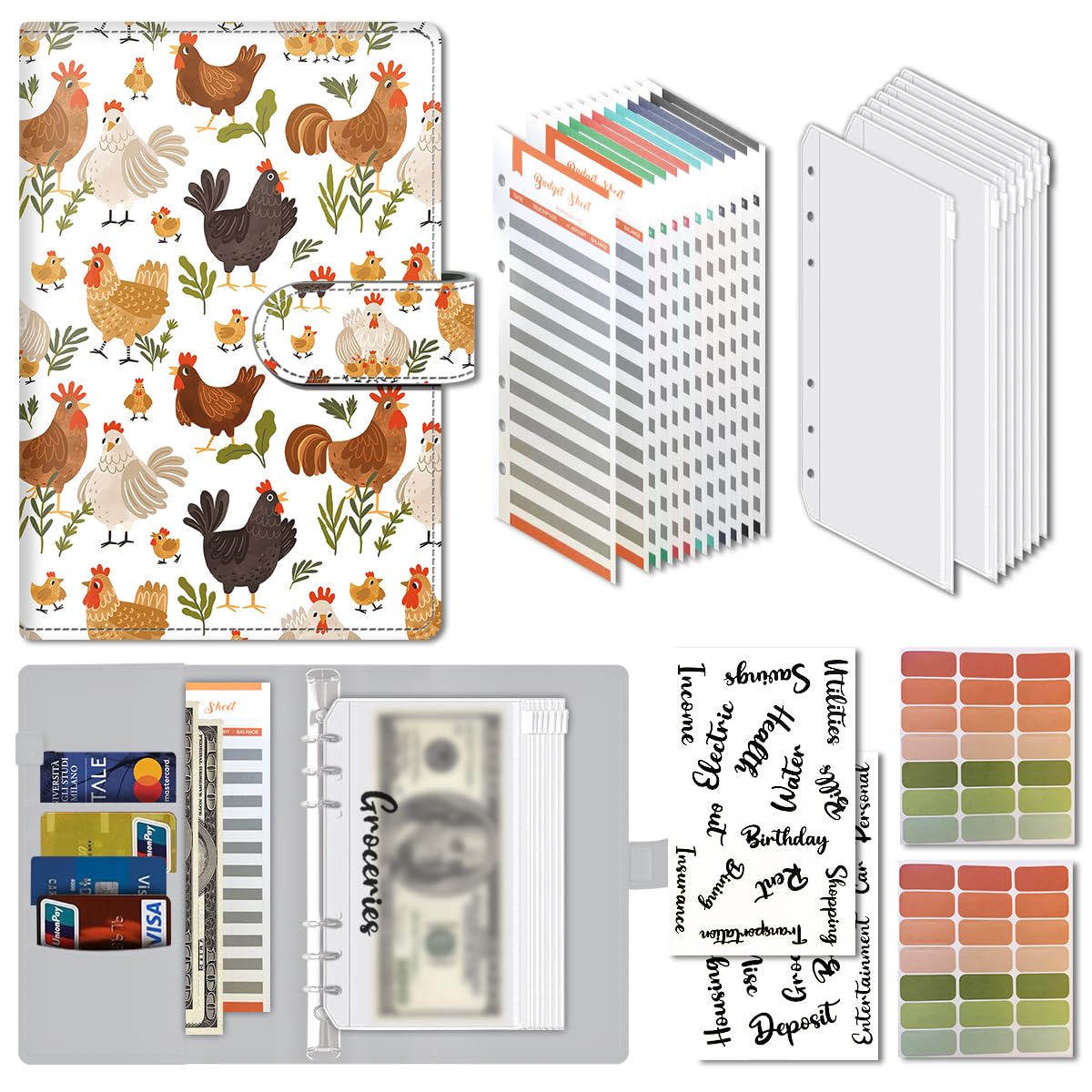 AOPEFNX Budget Binder, Cute A6 Money Saving Binder with Zipper Envelopes, PU Leather Money Organizer for Cash, Expense Budget Sheets and Cash