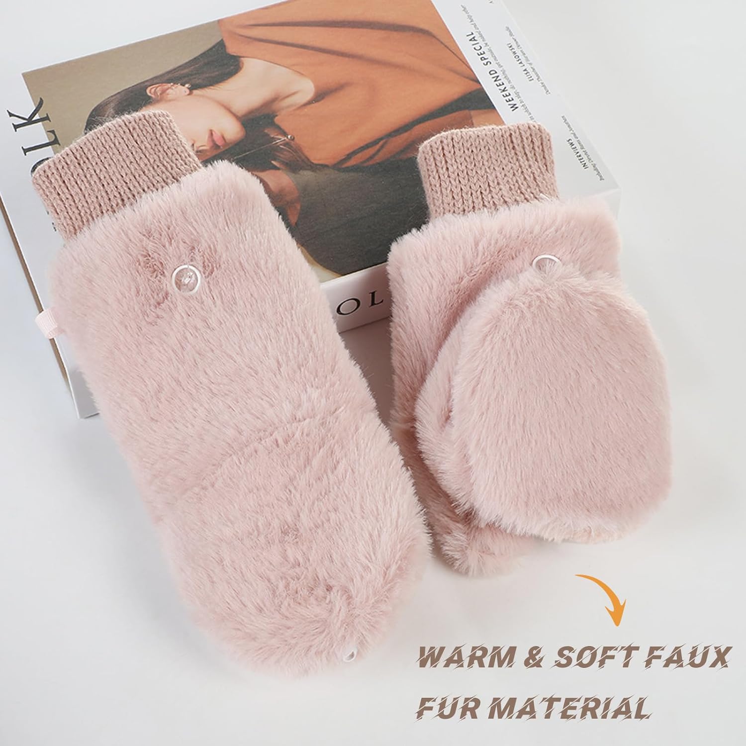 Winter Faux Fur Convertible Mittens for Women Girls Thermal Warm Half Finger Fingerless Gloves - Image 4
