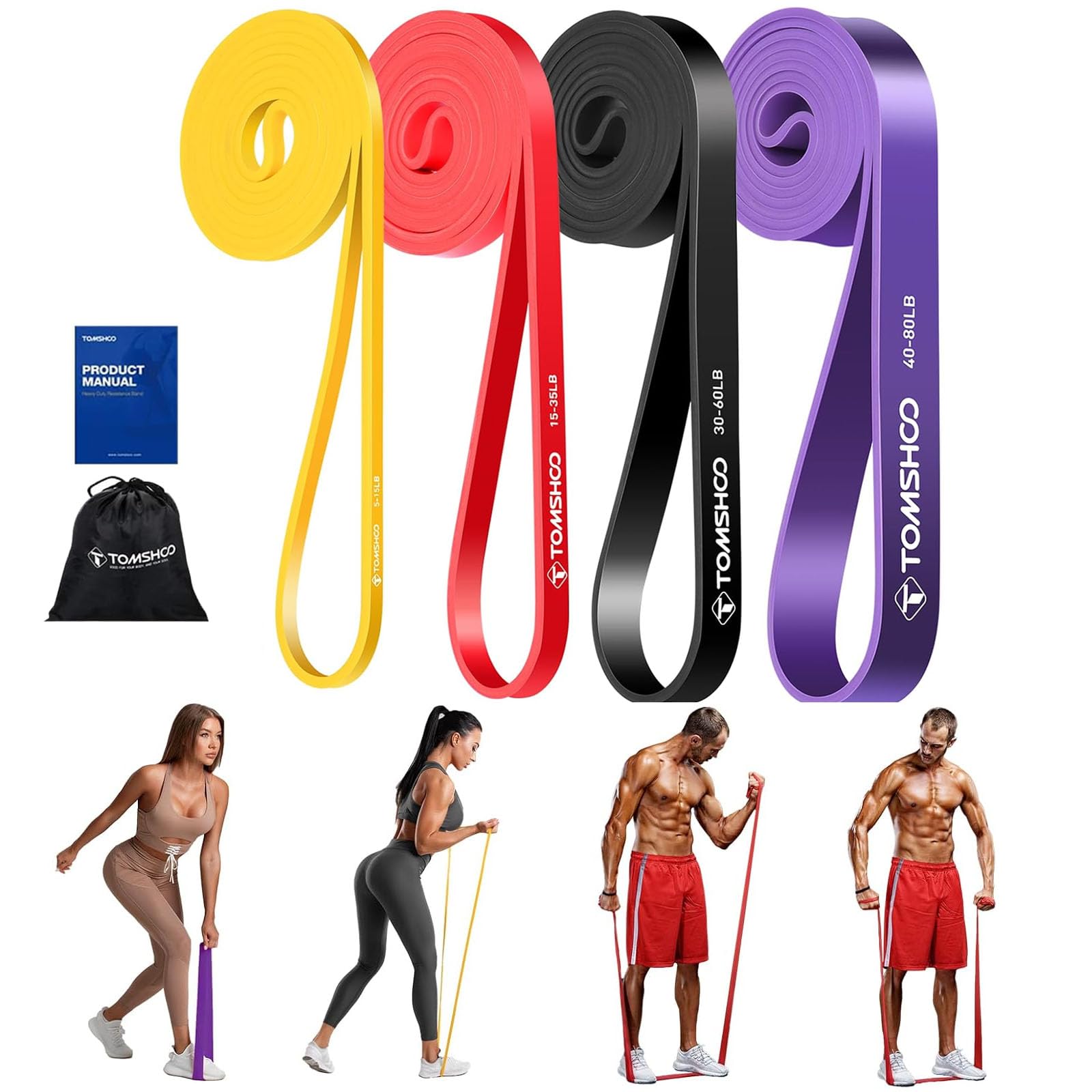 TOMSHOO Fitnessbänder [4er Set], Resistance Bands Set mit 4 Stufen, Widerstandsbänder mit Übungsanleitung&Tragebeutel, Fitnessband für Yoga, Pilates, Stretching, Klimmzüge, Krafttraining, Muskelaufbau