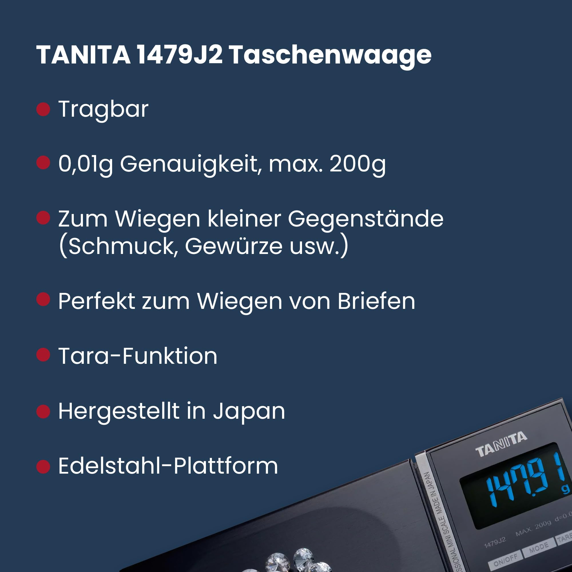 TANITA Professionelle Präzisionswaage für Schmuck und Münzen, Maximale Traglast: 200 g, Genauigkeit: 0,01 g, LCD Display, Schwarz, Inklusive Tasche