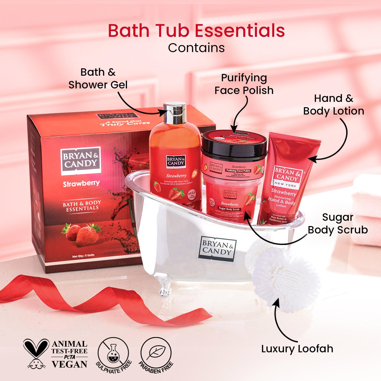 Bryan & Candy Bath Tub Essentials|Gift Set For Women And Men | Complete Home Spa Experience (Strawberry Tub Kit) 1