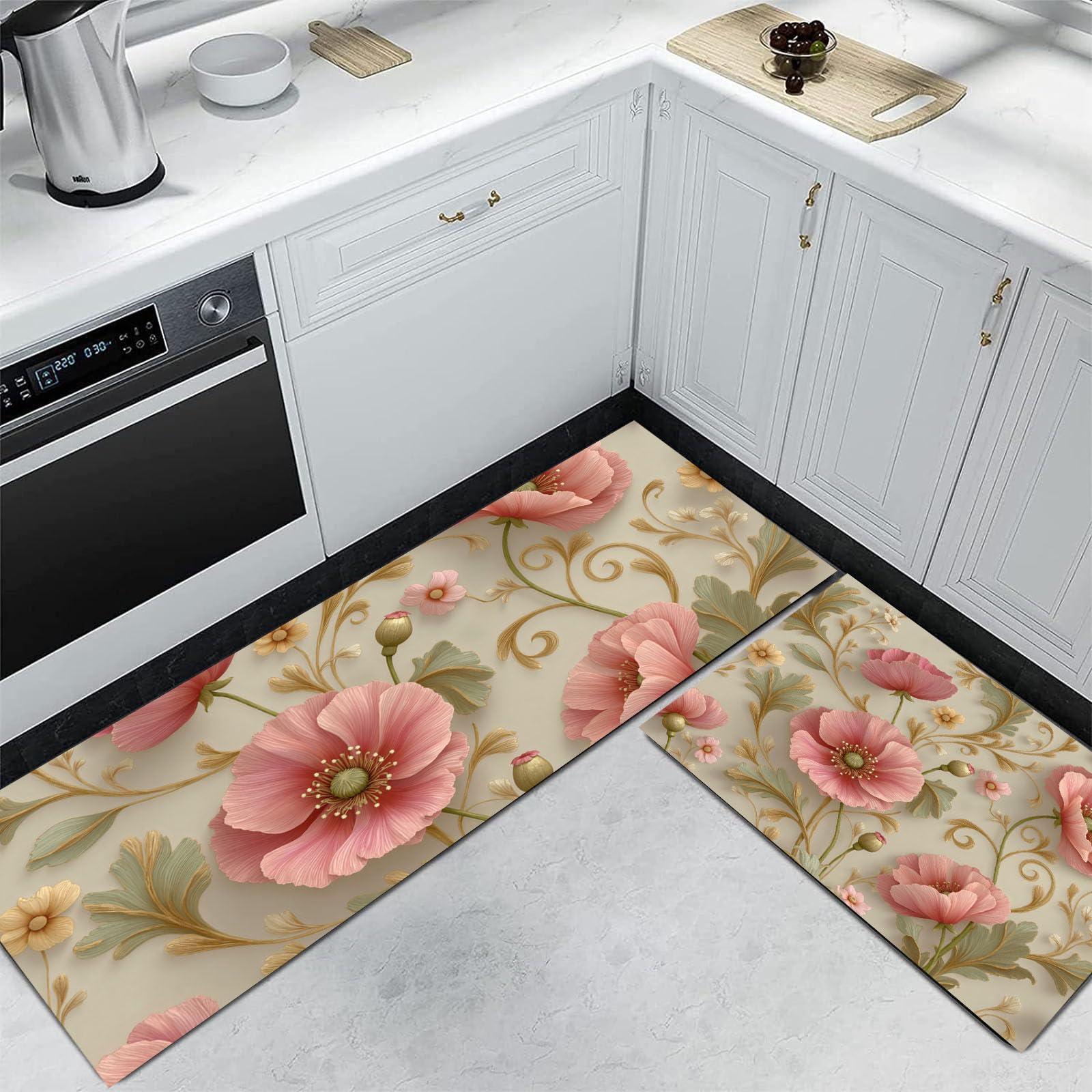 Tapis de cuisine glamour motifs pavot rose | Finition premium et confort absolu