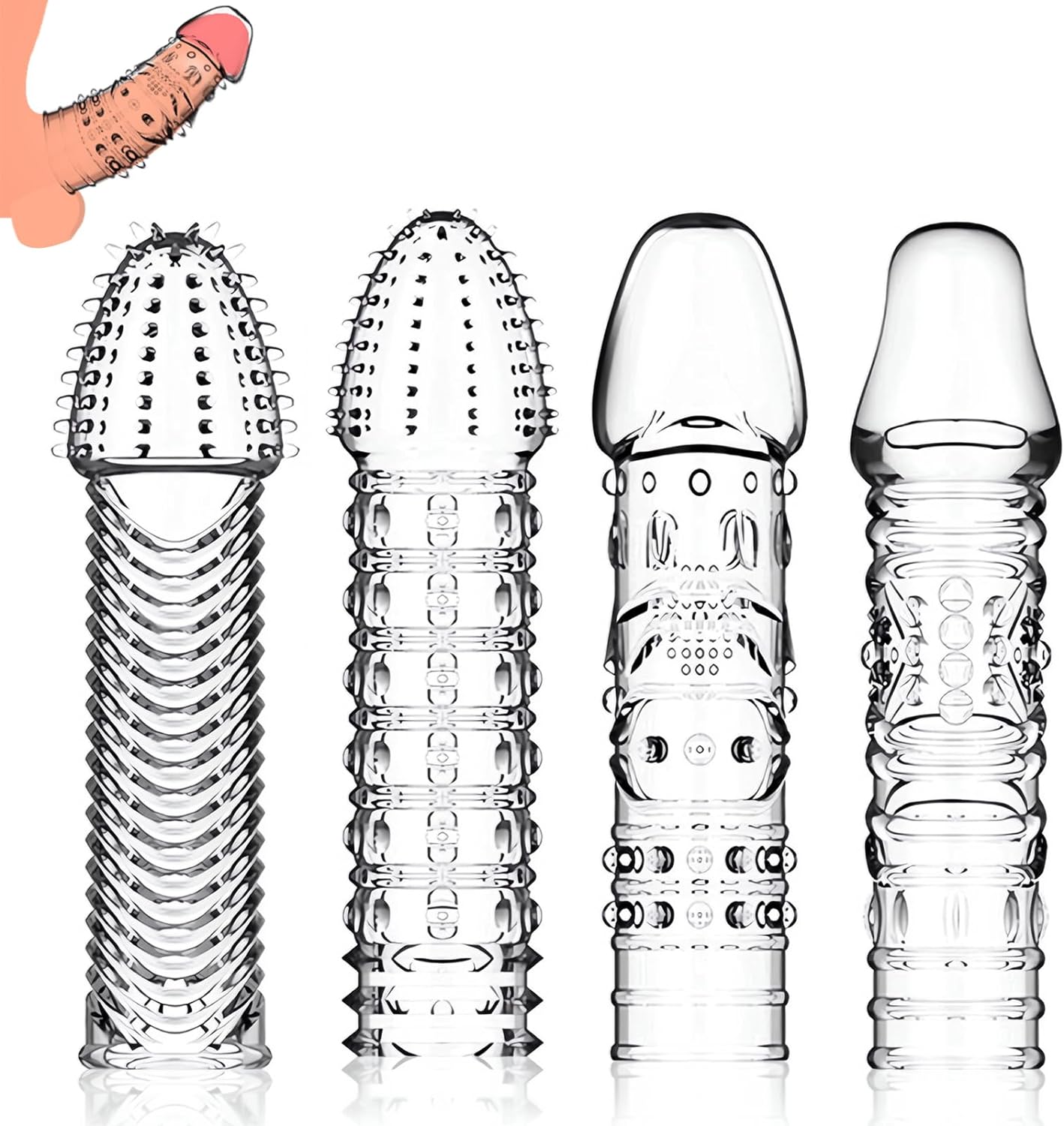 4 Pack Reusable Penis Sleeves Penis Extender Enlarger Cock Condoms for Men | For female Dildo Vibrator male Delay Ejaculation