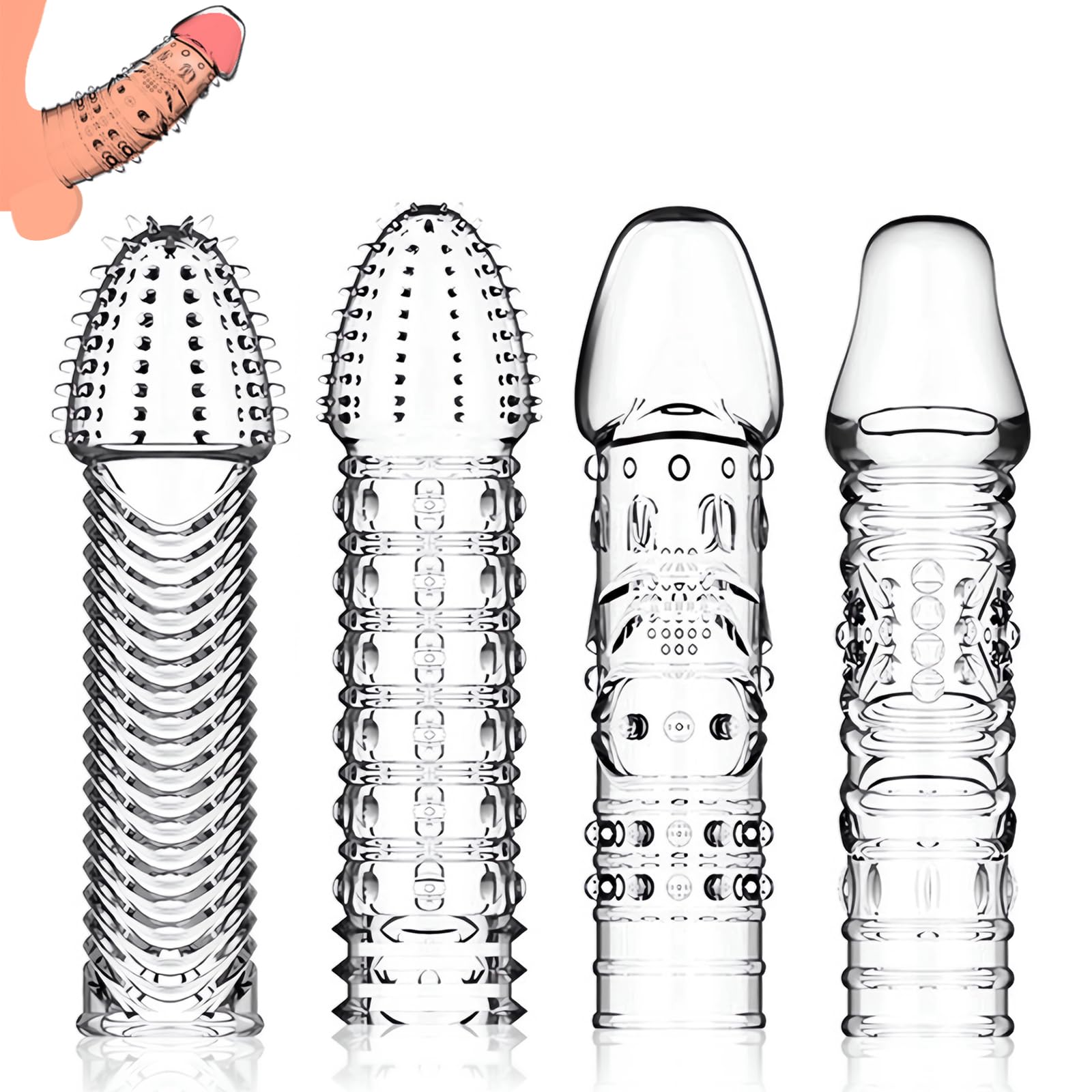 4 Pack Reusable Penis Sleeves, Cock Condoms for Dildo Vibrator Couple Penis Extender Sleeve Penis Enlarger for Men Delay Ejaculation