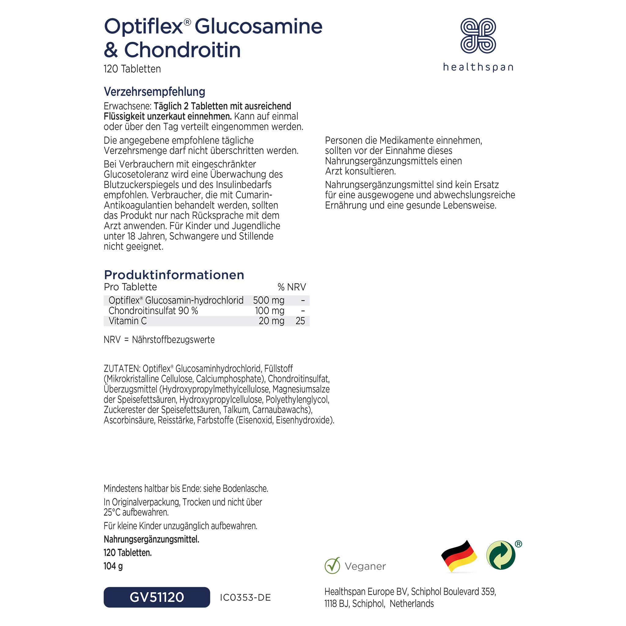 Healthspan Glucosamin & Chondroitin | 500 mg Optiflex Glucosamin & 100 mg Chondroitinsulfat | 20 mg Vitamin C | 120 Tablettem