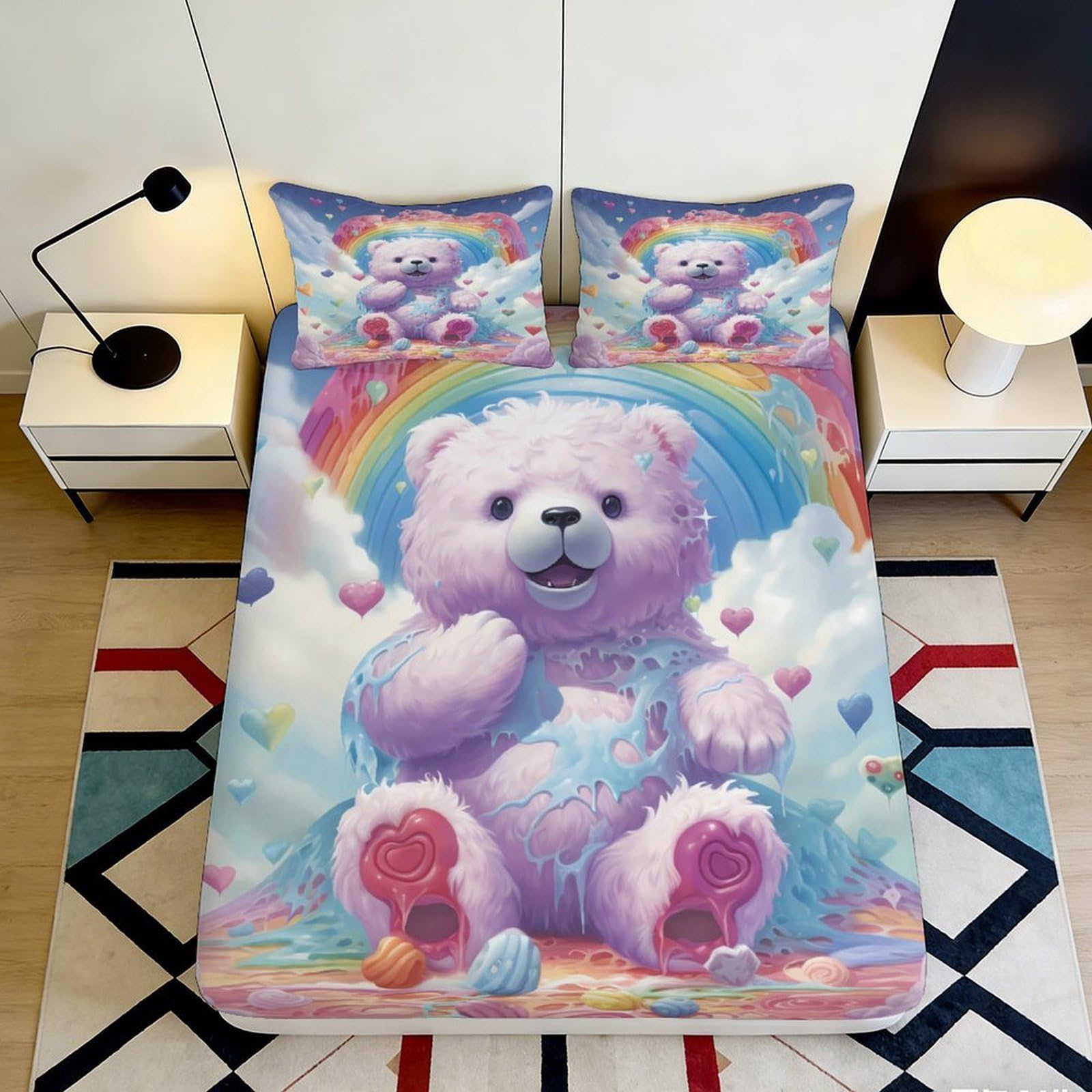 3D Printed Pastel Bear Fitted Sheet Microfiber Soft Rainbow Cloud Bed Cover for Bedroom Dorm Mattress Protection Decor 90x200x25cm