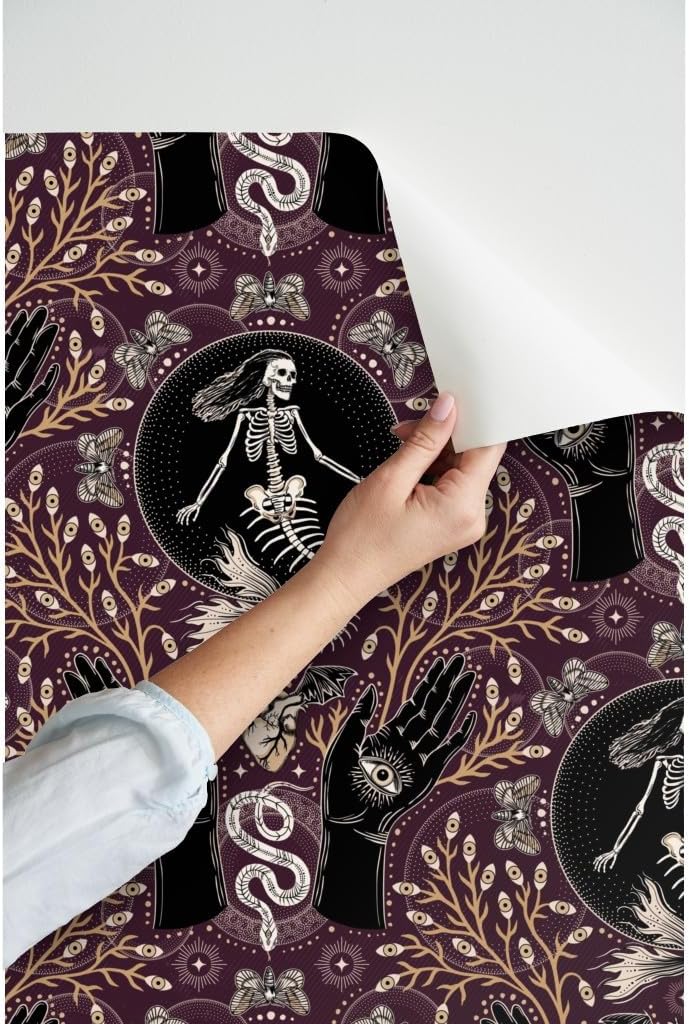 Spoonflower Peel & Stick Wallpaper 3ft x 2ft - Mermaid Skeleton Spooky Hands Eyes Snake Scary Plants Moths Large Plum Purple Gothic Fantasy Custom Removable Wallpaper