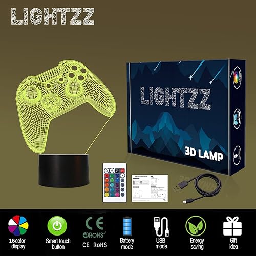 Miniatura 6 de Lightzz Luz nocturna de gamepad 3D, lámpara de ilusión de consola de juegos con control remoto + cambio táctil de 16 colores intermitentes +