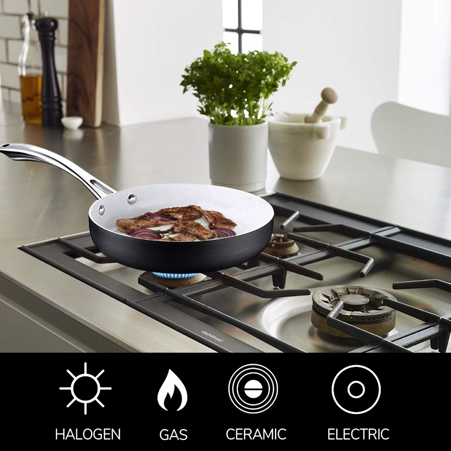 AMERICOOK Black Pots and Pans Set, 8 Piece Hard Anodized Cookware Set White Ceramic Nonstick