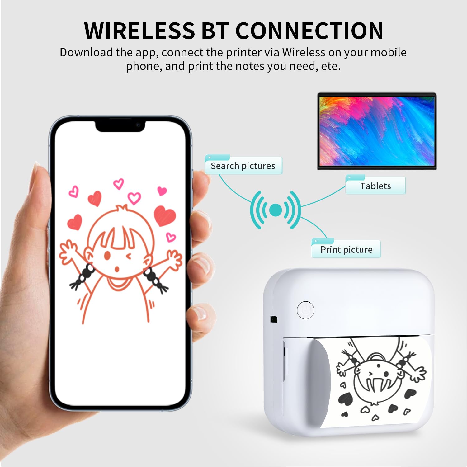 Inkless Mini Thermal Printer for iOS & Android - Print Pod: with 5 Rolls of Thermal Paper, Color Pen, and Bluetooth. White, Portable, Ideal for Printing Photos, etc.