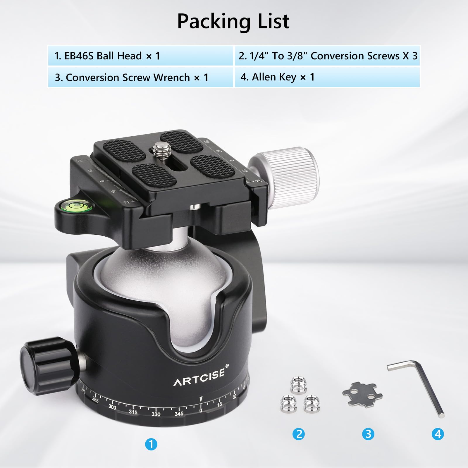 ARTCISE Głowica kulowa o niskim profilu, 46 mm, panoramiczna metalowa głowica statywu 360° z płytą szybkiego montażu Arca i adapterem gwintowanym 1/4 cala na 3/8 cala do suwaka statywu DSLR