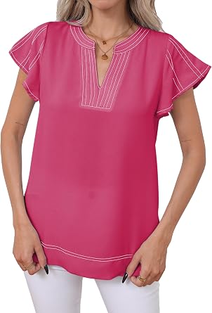 Famulily Womens Cute Flutter Cap Sleeve Notched V Neck Blouse Top Contrast Color Stitched Line Side Split Hem Tee Shirt