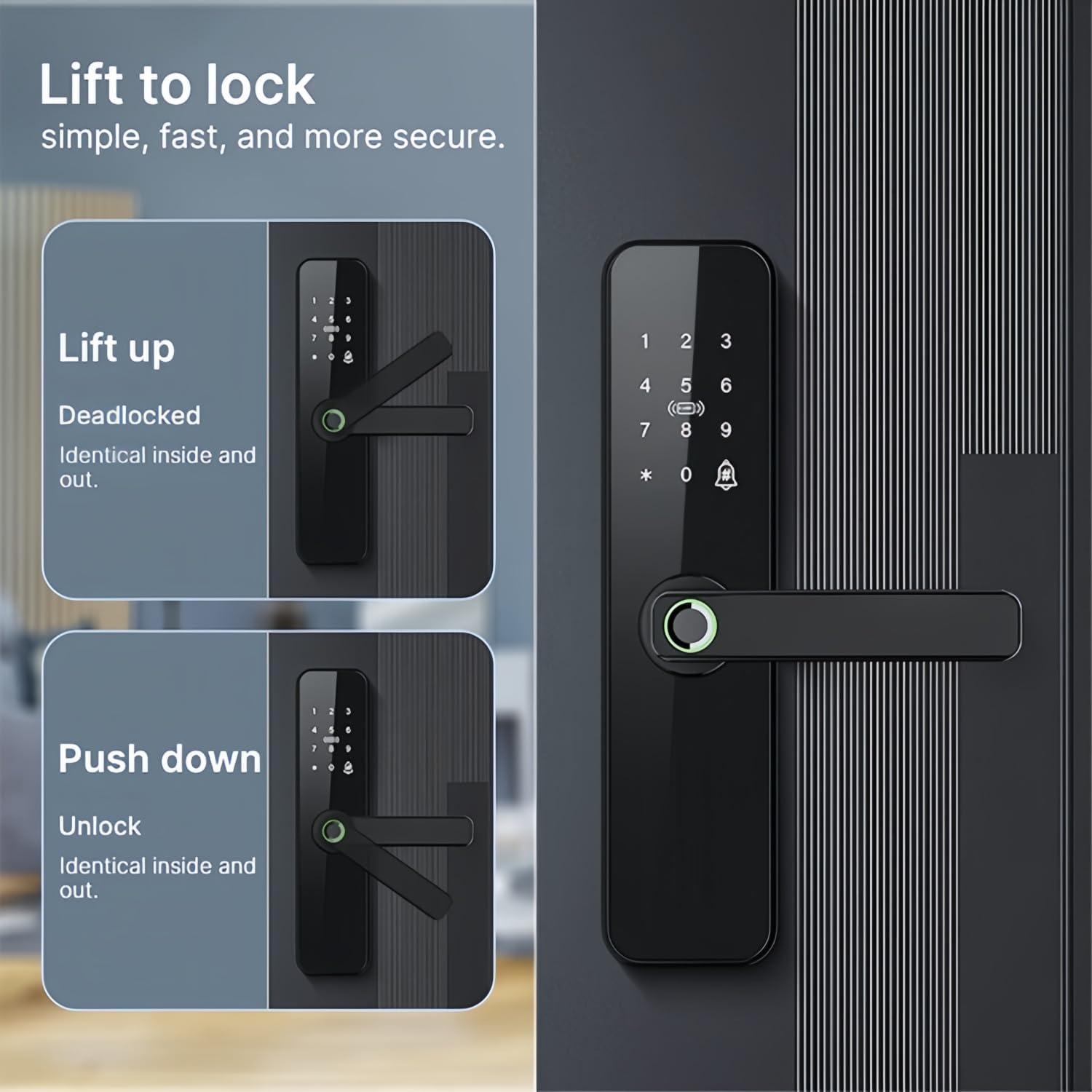 SL001 Security Smart Lock, Keypad Door Lock with Handle, Fingerprint Door Knob, Keyless Entry Door Lock for Front Door and Bedrooms, with Door Bell Function, Wi-Fi, IC Card, App Control, Black